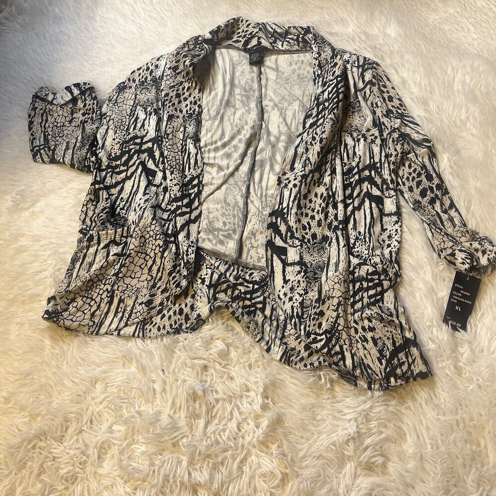 Robert Louis Womens Animal Print XL Draped Open Cardigan Lagenlook Casual Black